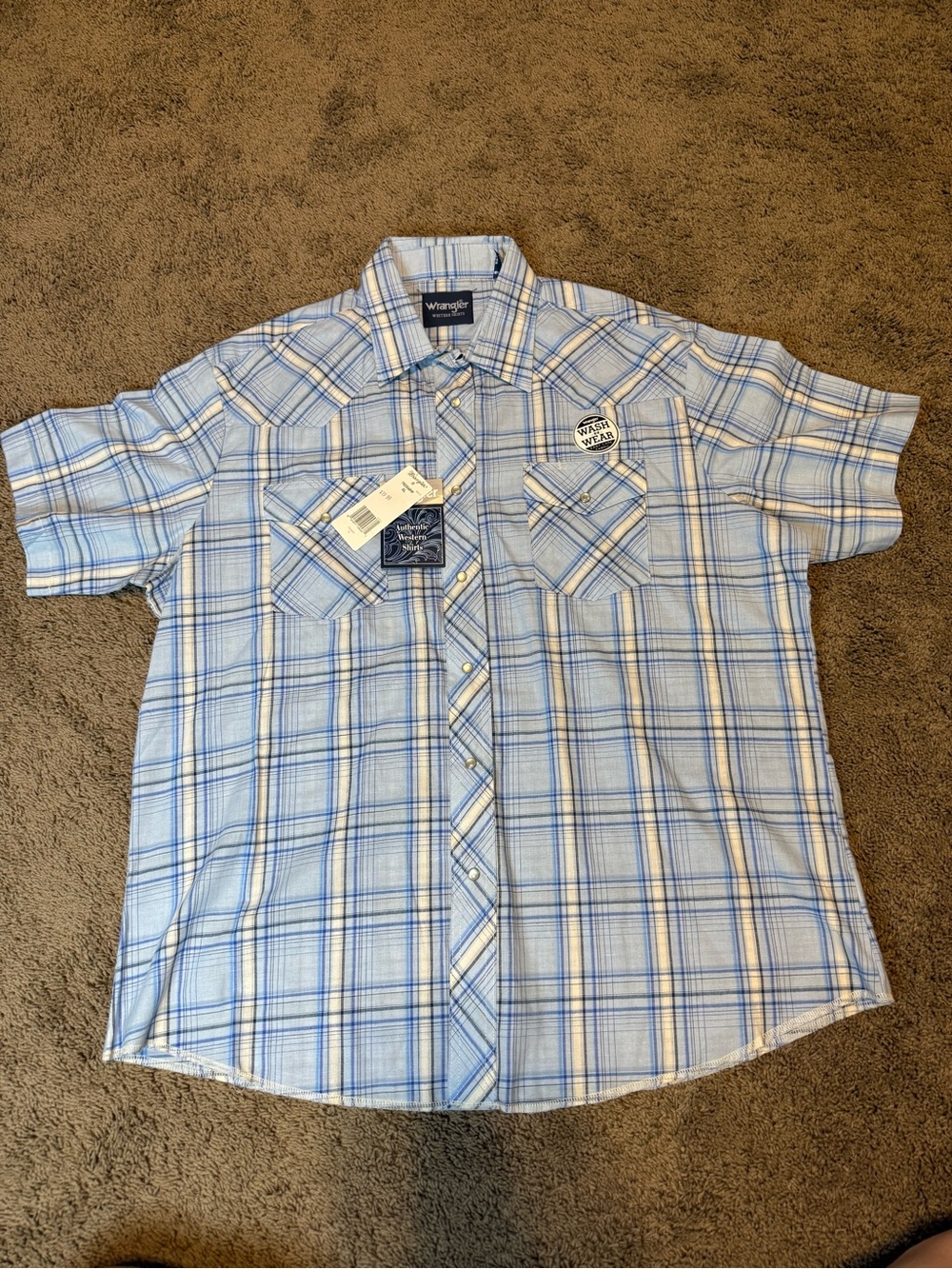 NWT Wrangler Mens XL Plaid Western Pearl Button Snap Short Sleeve Shirt Blue